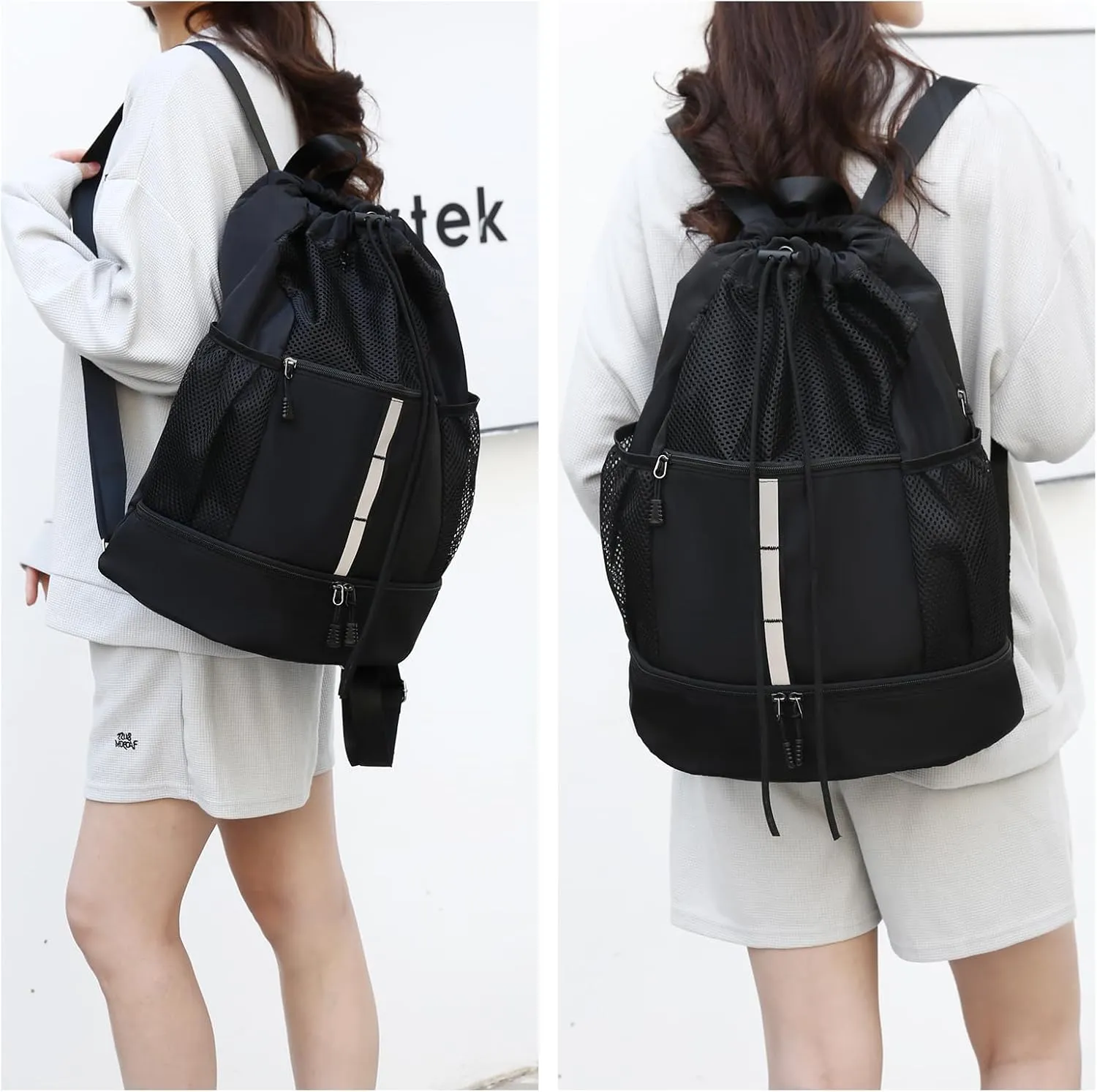 Valleycomfy Drawstring Gym Bag Sports Backpack With Shoe Compartment and Reflective Strips Black