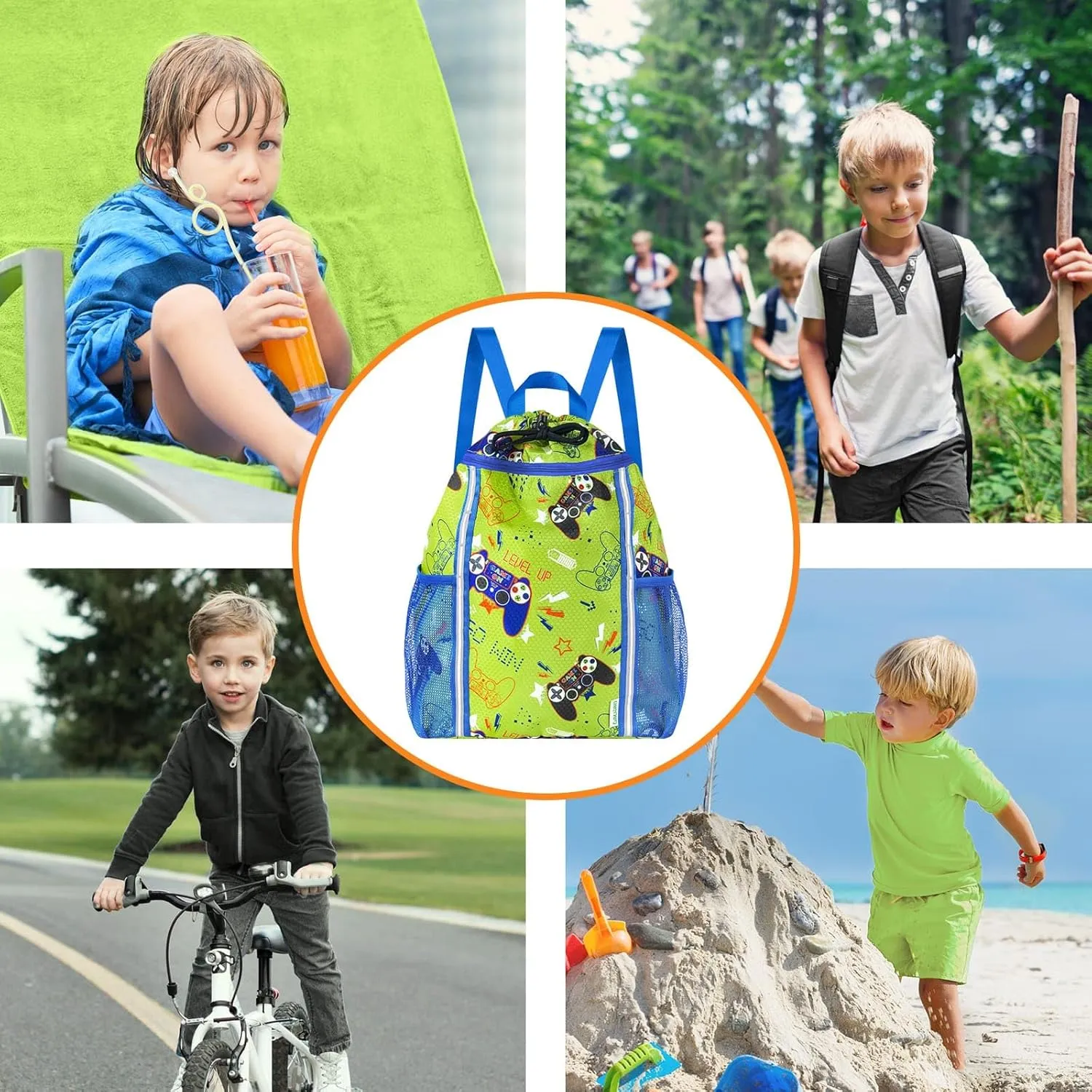 WAWSAM Kids Gym Drawstring Backpack String Bag, Game Sports Gym Bag for Kids Boys Waterproof Swimming Beach String Cinch Backpack with Two Water Bottle Pocket