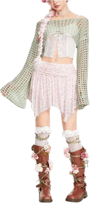 WDIRARA Women's Crochet Crop Tops Shrugs Y2k Hollow Out Sweater Knit Crochet Long Sleeve Crop Tops Green