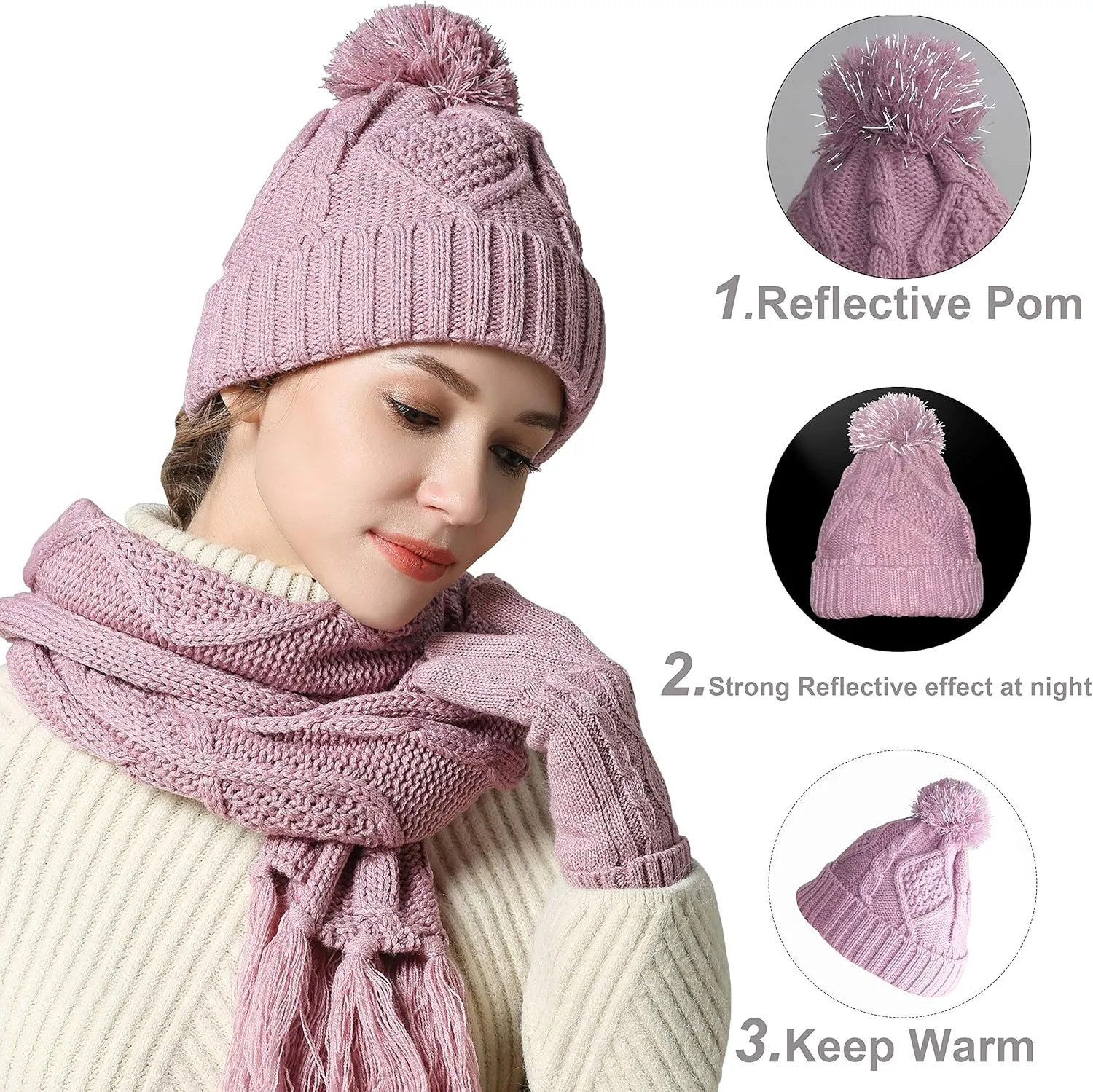 Winter Hat Gloves Scarf Set for Women, Cable Knit Beanie Pom Cap Touch Screen Glove Long Scarf 3PCS Winter Gift for Women Men
