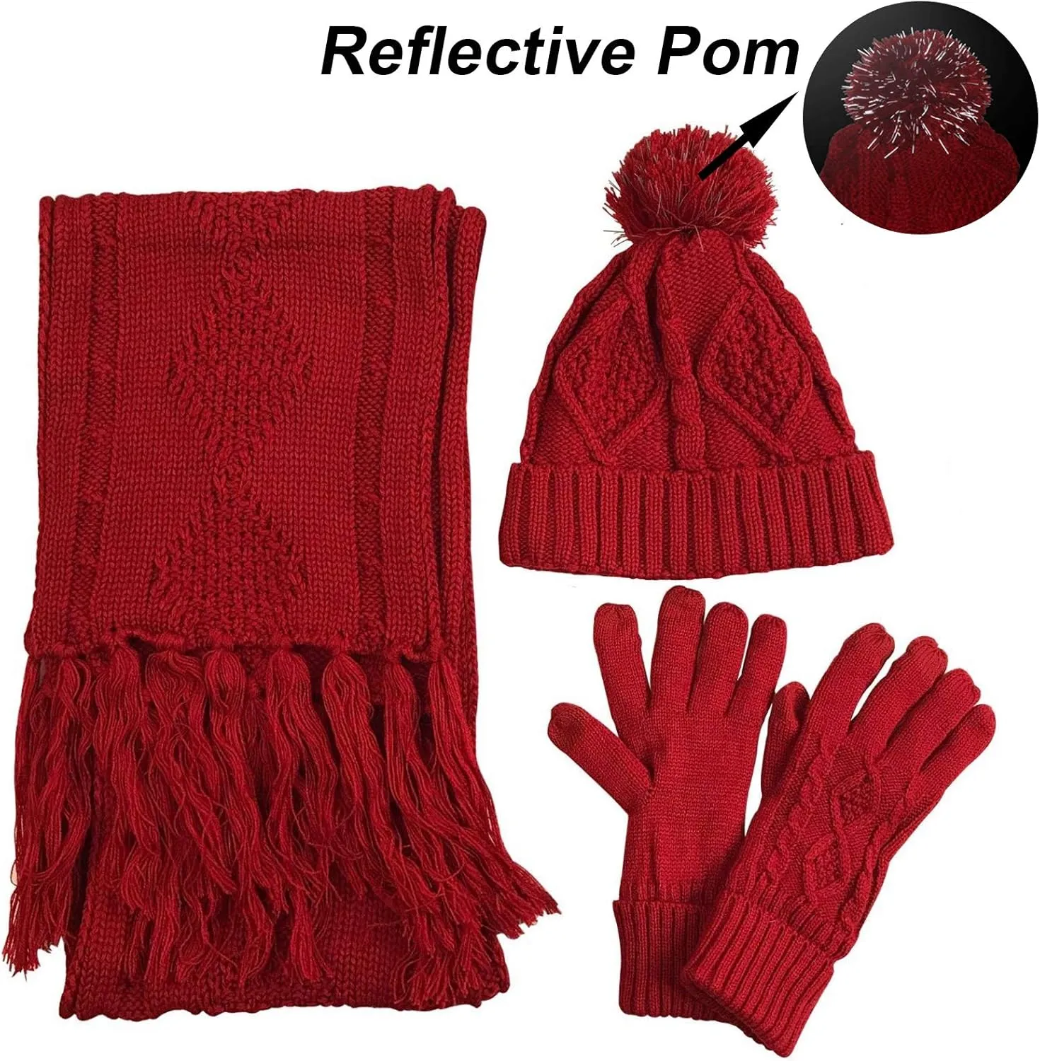 Winter Hat Gloves Scarf Set for Women, Cable Knit Beanie Pom Cap Touch Screen Glove Long Scarf 3PCS Winter Gift for Women Men
