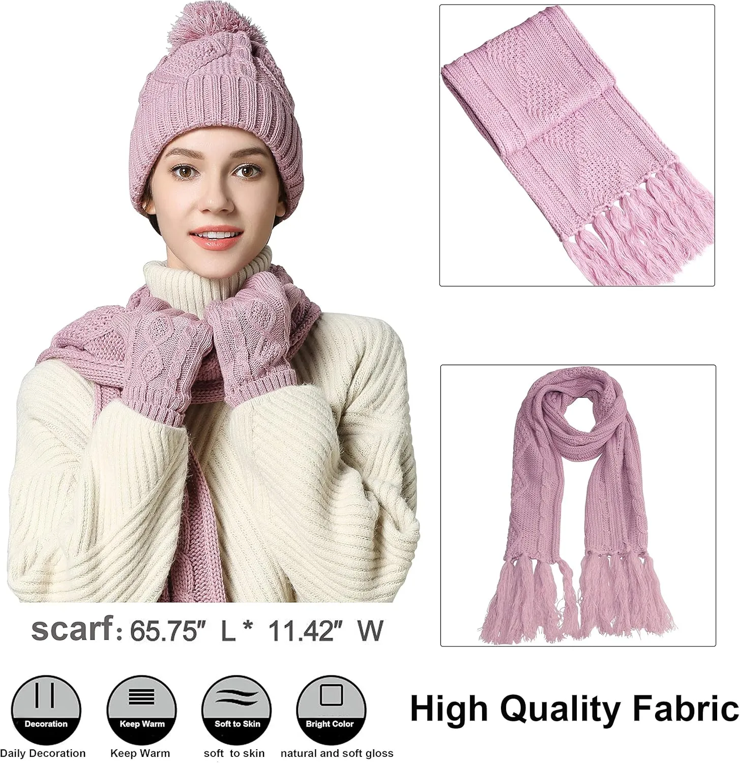 Winter Hat Gloves Scarf Set for Women, Cable Knit Beanie Pom Cap Touch Screen Glove Long Scarf 3PCS Winter Gift for Women Men