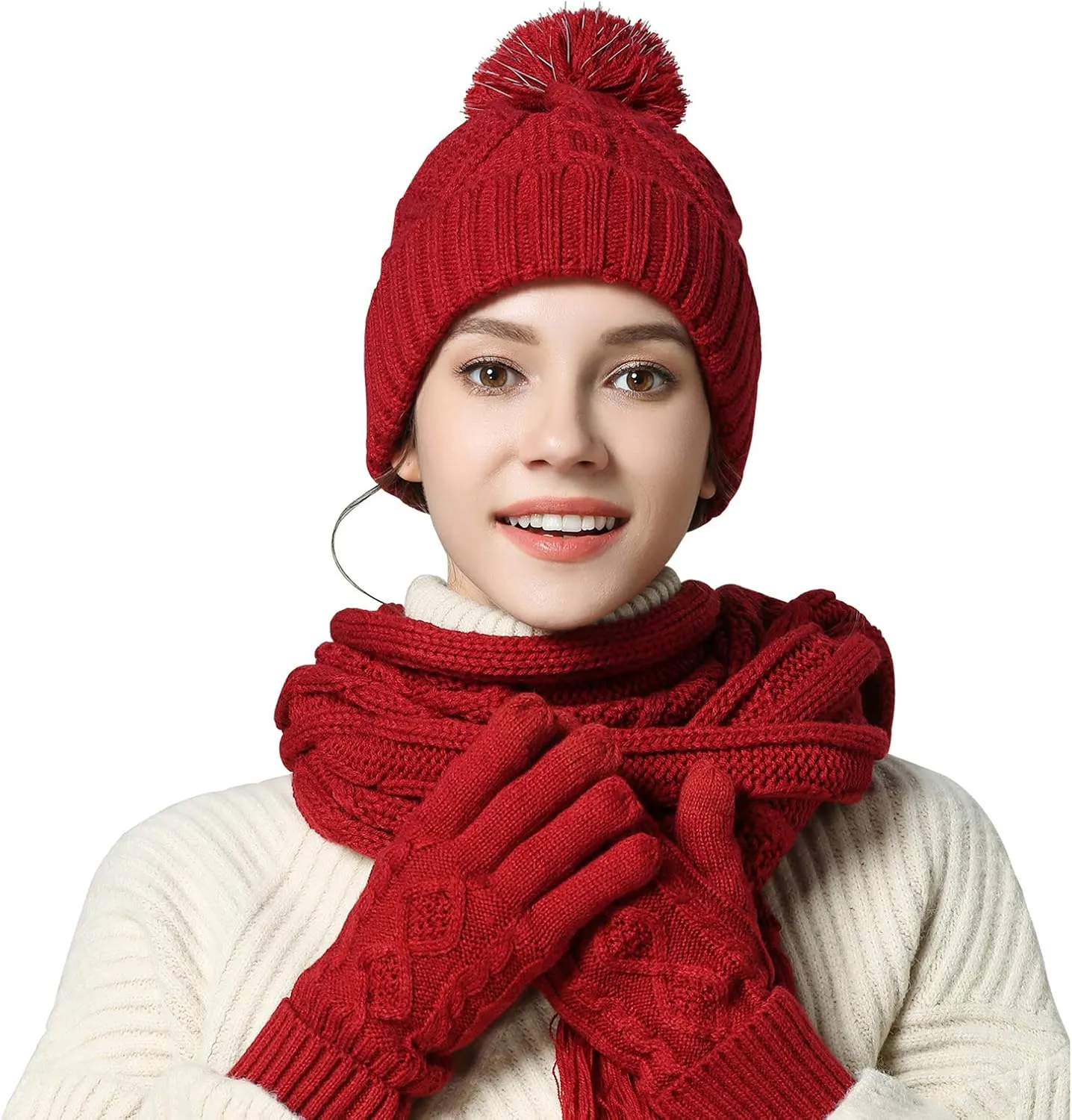 Winter Hat Gloves Scarf Set for Women, Cable Knit Beanie Pom Cap Touch Screen Glove Long Scarf 3PCS Winter Gift for Women Men