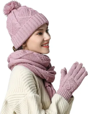 Winter Hat Gloves Scarf Set for Women, Cable Knit Beanie Pom Cap Touch Screen Glove Long Scarf 3PCS Winter Gift for Women Men