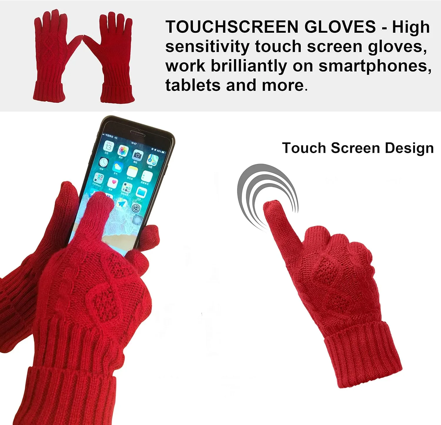 Winter Hat Gloves Scarf Set for Women, Cable Knit Beanie Pom Cap Touch Screen Glove Long Scarf 3PCS Winter Gift for Women Men