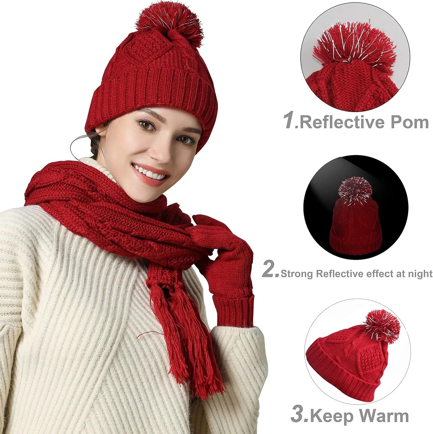 Winter Hat Gloves Scarf Set for Women, Cable Knit Beanie Pom Cap Touch Screen Glove Long Scarf 3PCS Winter Gift for Women Men