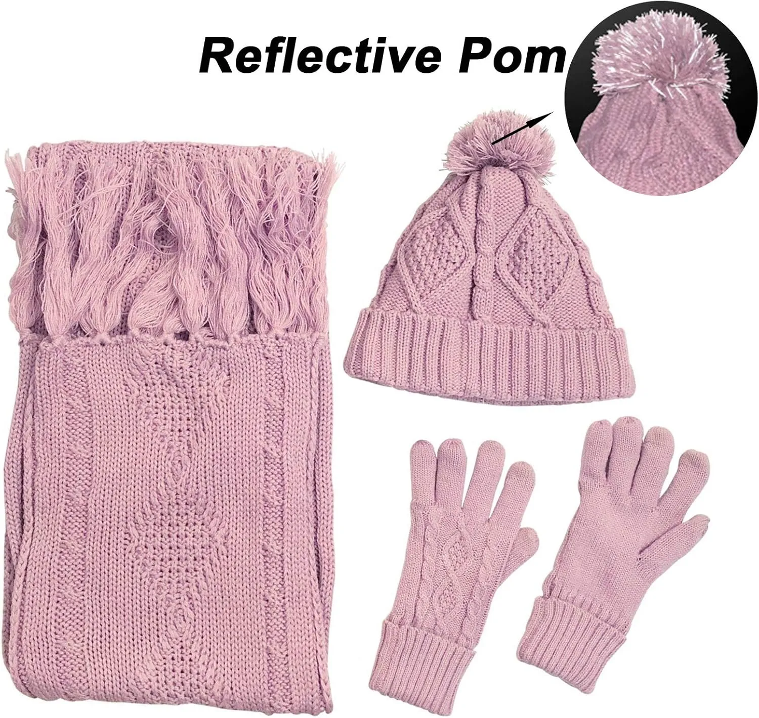 Winter Hat Gloves Scarf Set for Women, Cable Knit Beanie Pom Cap Touch Screen Glove Long Scarf 3PCS Winter Gift for Women Men