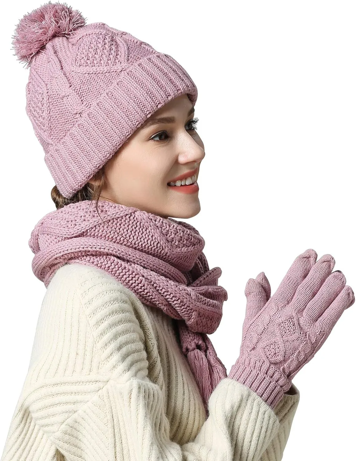 Winter Hat Gloves Scarf Set for Women, Cable Knit Beanie Pom Cap Touch Screen Glove Long Scarf 3PCS Winter Gift for Women Men