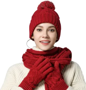 Winter Hat Gloves Scarf Set for Women, Cable Knit Beanie Pom Cap Touch Screen Glove Long Scarf 3PCS Winter Gift for Women Men