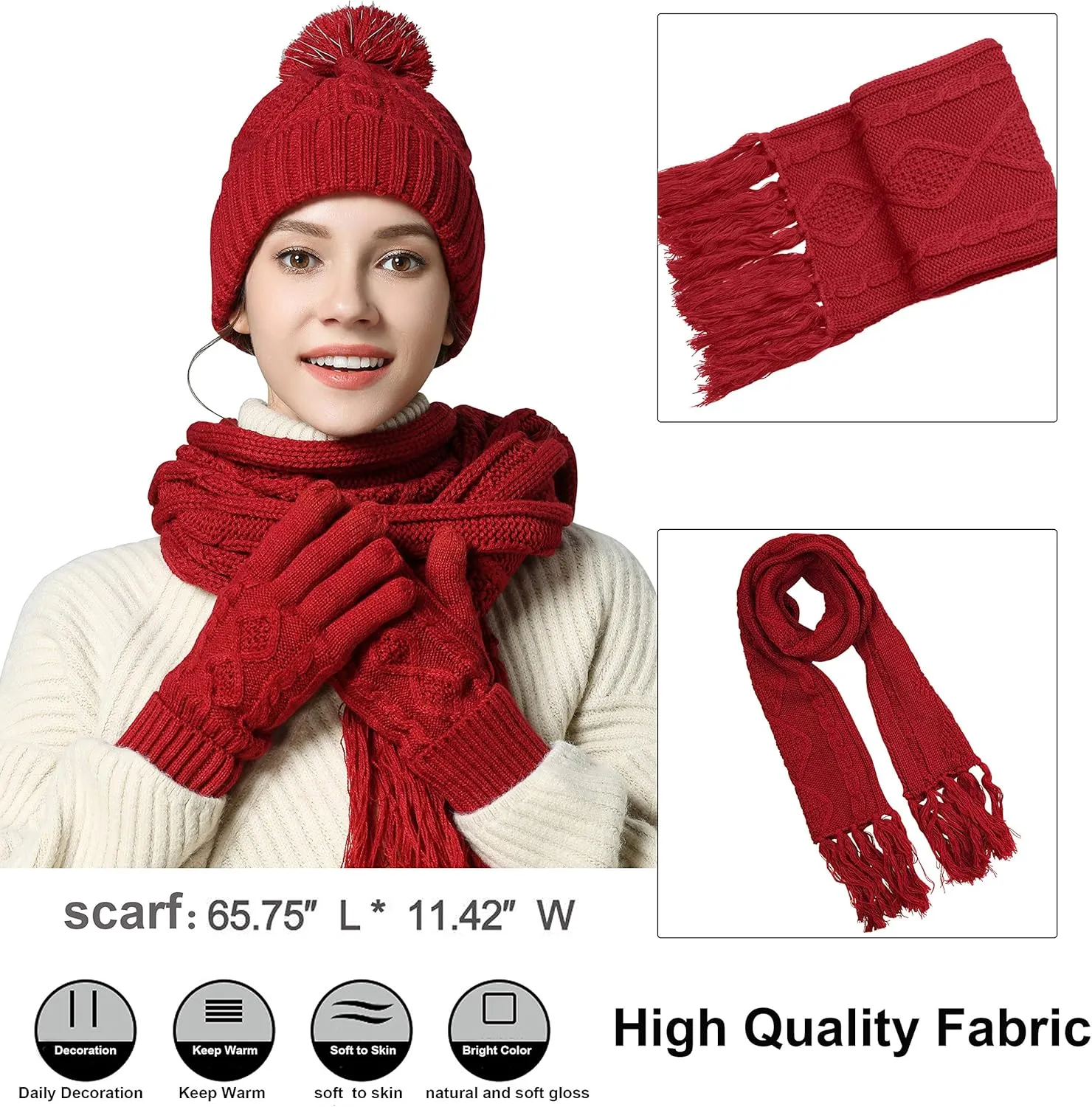 Winter Hat Gloves Scarf Set for Women, Cable Knit Beanie Pom Cap Touch Screen Glove Long Scarf 3PCS Winter Gift for Women Men