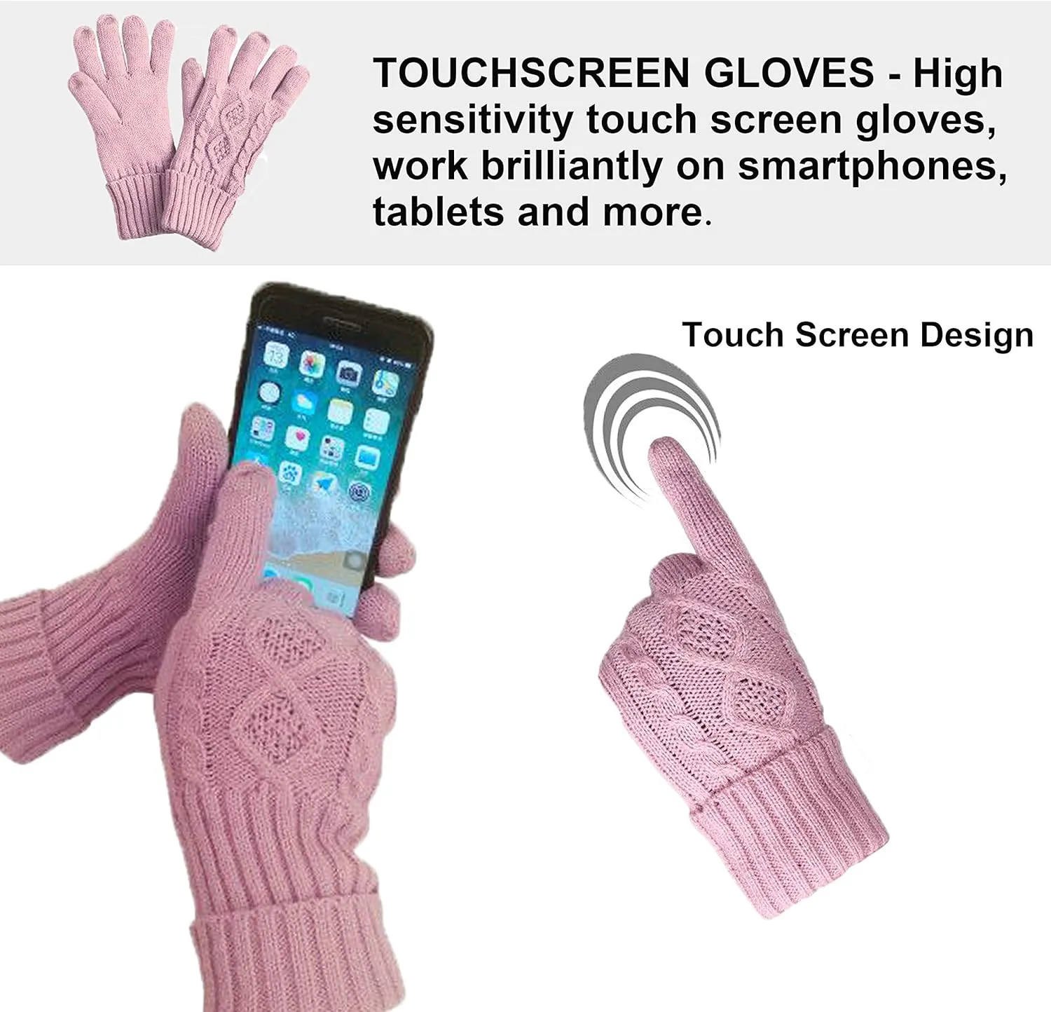 Winter Hat Gloves Scarf Set for Women, Cable Knit Beanie Pom Cap Touch Screen Glove Long Scarf 3PCS Winter Gift for Women Men