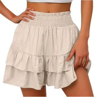 Women Smocked Ruffle Mini Skirts Summer High Waisted Tiered Short Skirt with Shorts Underneath Pleated High Waisted Dresses