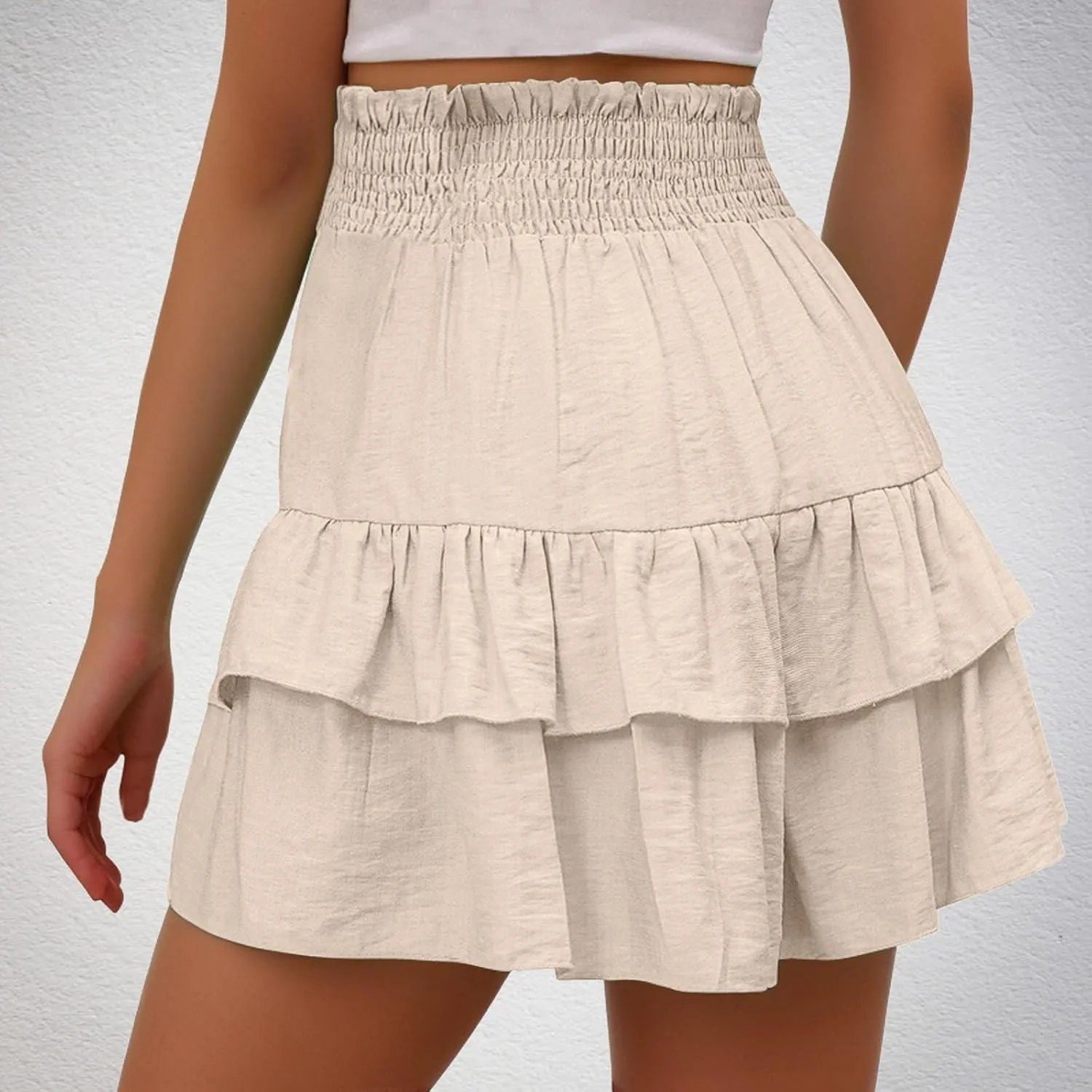 Women Smocked Ruffle Mini Skirts Summer High Waisted Tiered Short Skirt with Shorts Underneath Pleated High Waisted Dresses