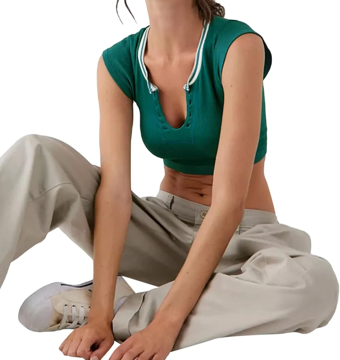 Women Summer Rib Knit Cap Sleeve Tight Crop Top V Neck Going Out Slim Fit Basic Contrast Color Y2K Skinny Tee Shirt