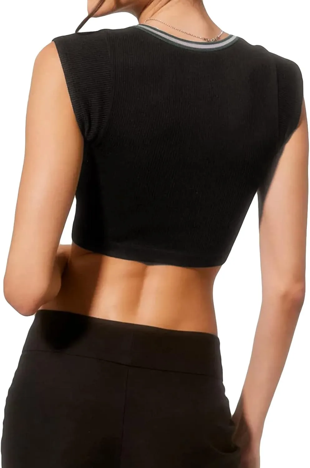 Women Summer Rib Knit Cap Sleeve Tight Crop Top V Neck Going Out Slim Fit Basic Contrast Color Y2K Skinny Tee Shirt