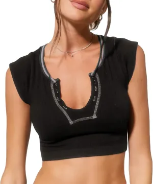 Women Summer Rib Knit Cap Sleeve Tight Crop Top V Neck Going Out Slim Fit Basic Contrast Color Y2K Skinny Tee Shirt