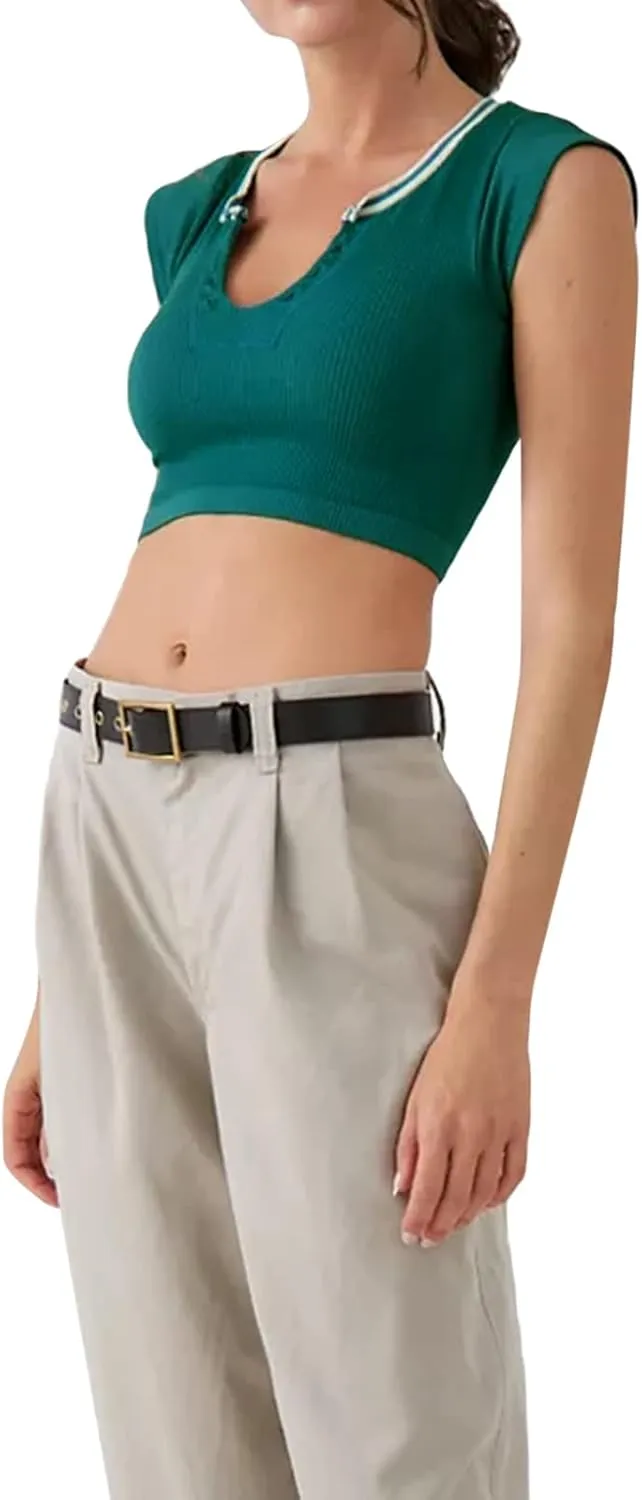 Women Summer Rib Knit Cap Sleeve Tight Crop Top V Neck Going Out Slim Fit Basic Contrast Color Y2K Skinny Tee Shirt