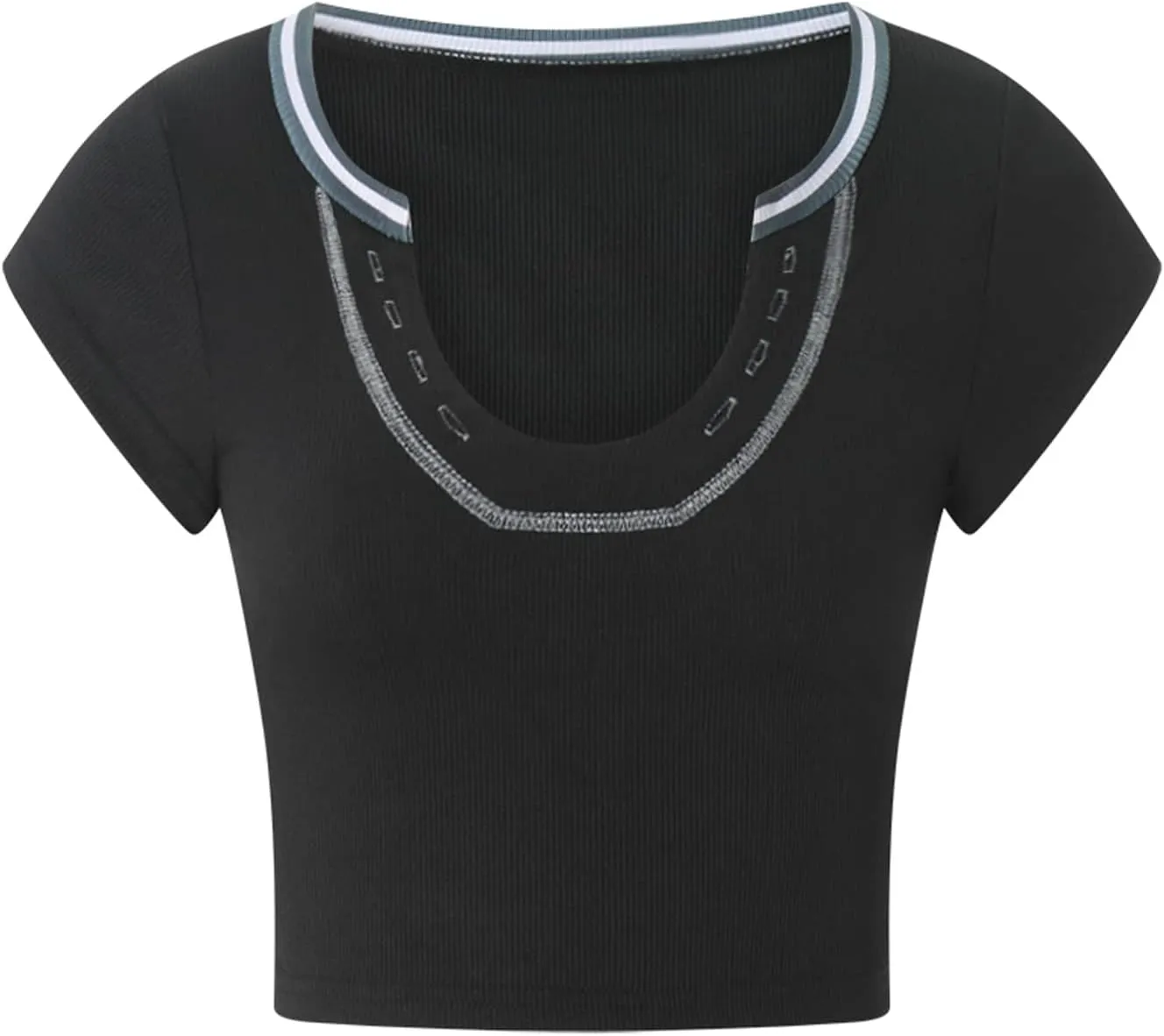 Women Summer Rib Knit Cap Sleeve Tight Crop Top V Neck Going Out Slim Fit Basic Contrast Color Y2K Skinny Tee Shirt