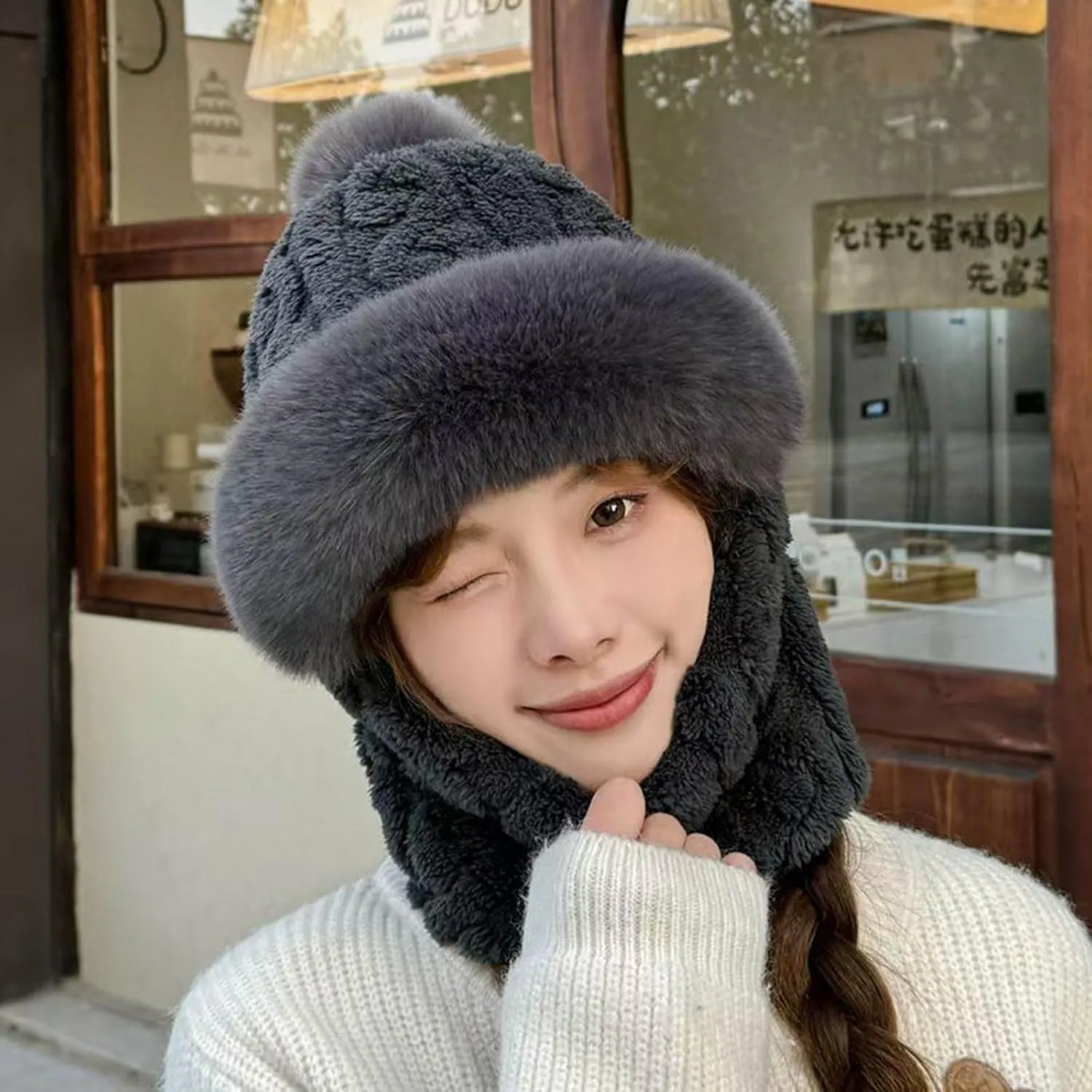 Women Winter Beanie Hats One Piece Fleece Fuzzy Mask Set with Pompom Skull Neck Warm Circle Scarf Ski Snow Hat