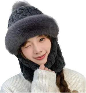 Women Winter Beanie Hats One Piece Fleece Fuzzy Mask Set with Pompom Skull Neck Warm Circle Scarf Ski Snow Hat
