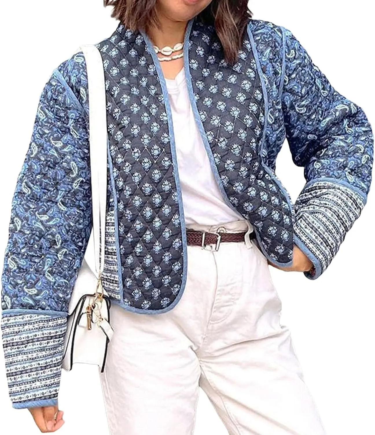 Women Y2k Quilted Jackets Floral Lightweight Puffer Jackets Open Front Cropped Jackets Fashion Winter Coats