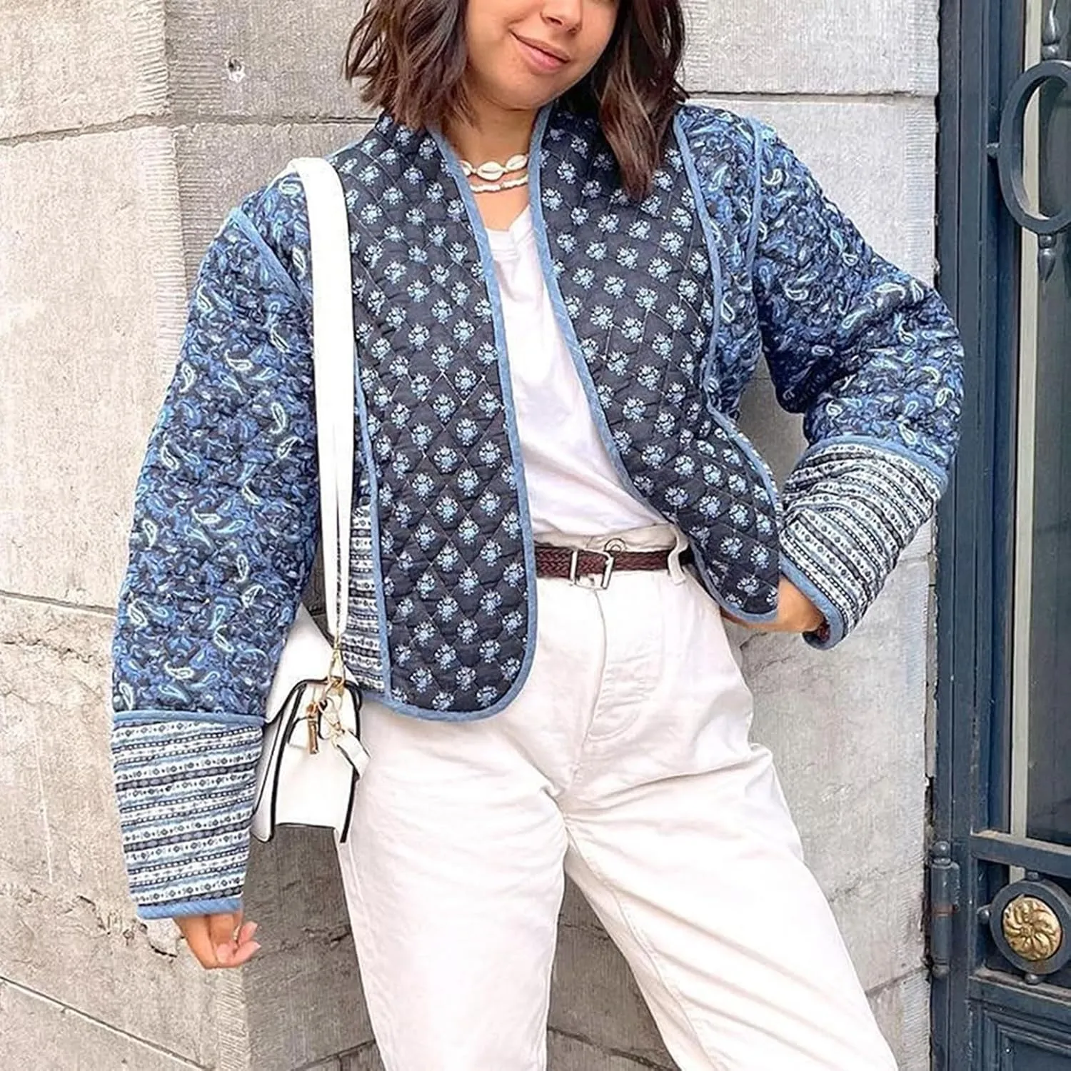 Women Y2k Quilted Jackets Floral Lightweight Puffer Jackets Open Front Cropped Jackets Fashion Winter Coats