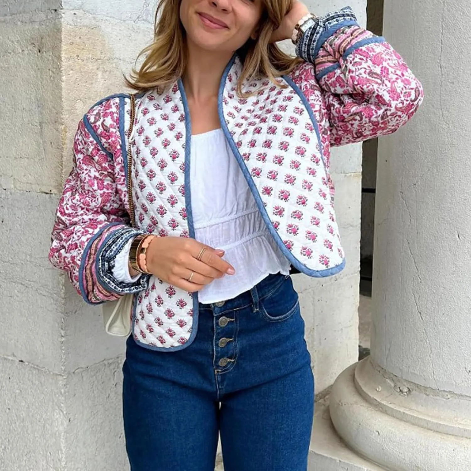 Women Y2k Quilted Jackets Floral Lightweight Puffer Jackets Open Front Cropped Jackets Fashion Winter Coats