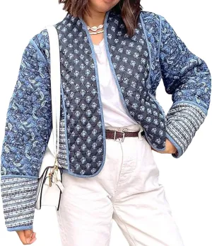 Women Y2k Quilted Jackets Floral Lightweight Puffer Jackets Open Front Cropped Jackets Fashion Winter Coats