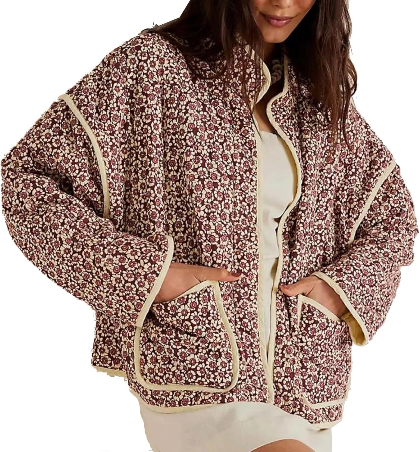 Women Y2k Quilted Jackets Floral Lightweight Puffer Jackets Open Front Cropped Jackets Fashion Winter Coats