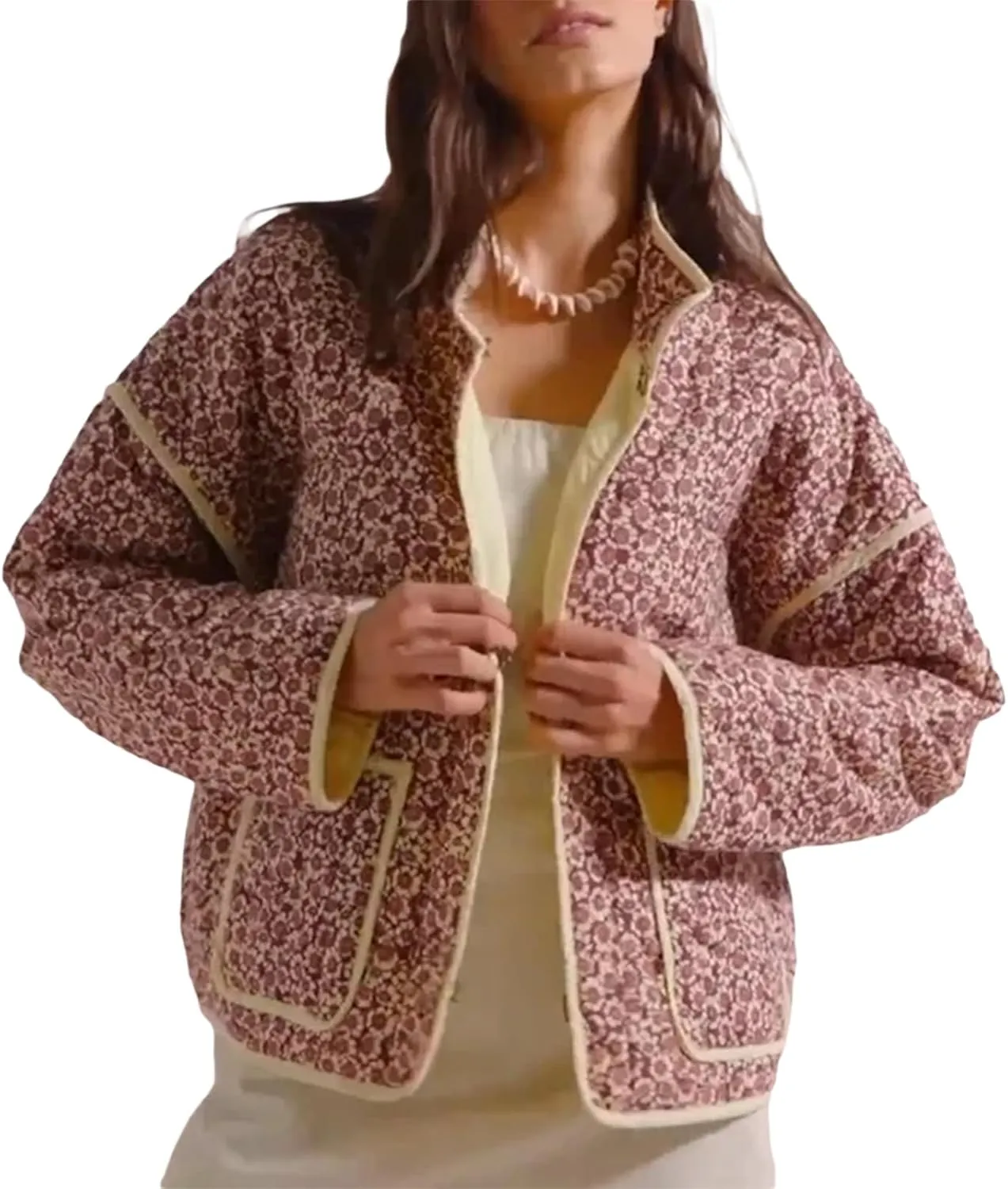 Women Y2k Quilted Jackets Floral Lightweight Puffer Jackets Open Front Cropped Jackets Fashion Winter Coats