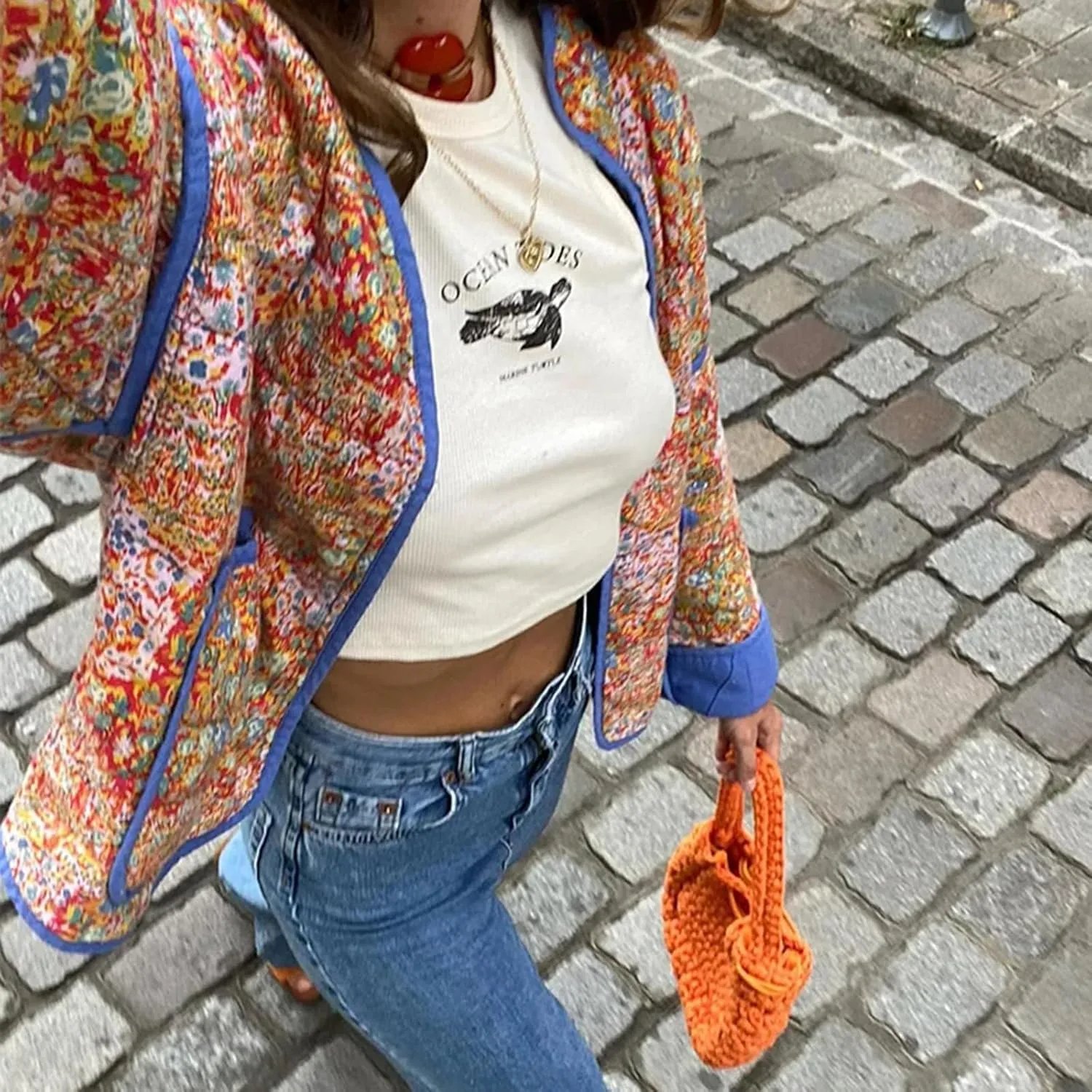 Women Y2k Quilted Jackets Floral Lightweight Puffer Jackets Open Front Cropped Jackets Fashion Winter Coats