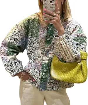 Women Y2k Quilted Jackets Floral Lightweight Puffer Jackets Open Front Cropped Jackets Fashion Winter Coats