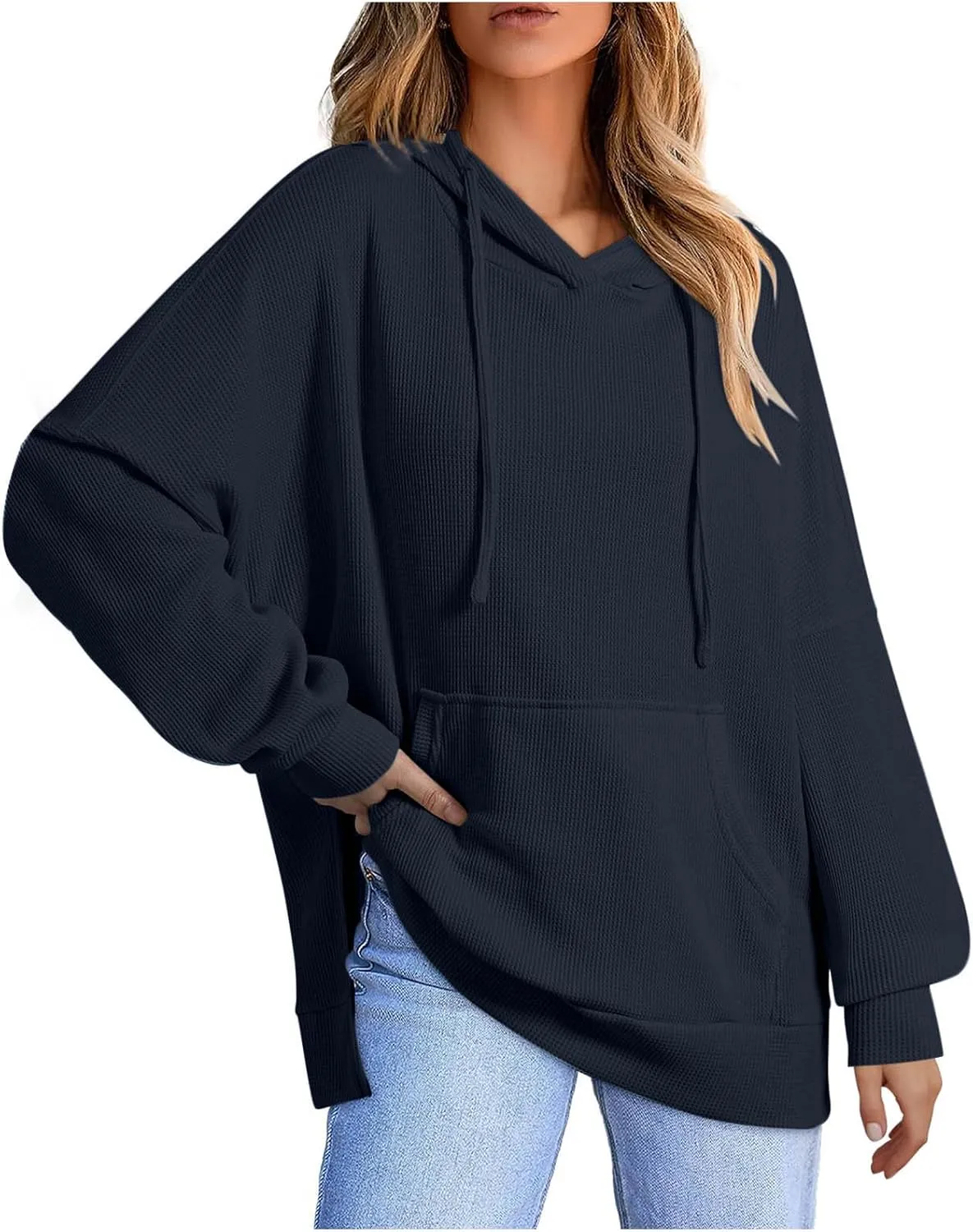 Women's 2024 Waffle Knit Hoodies Stylish Oversized Sweatshirts with Drawstring Hooded Lightweight Athletic Hoody Tops