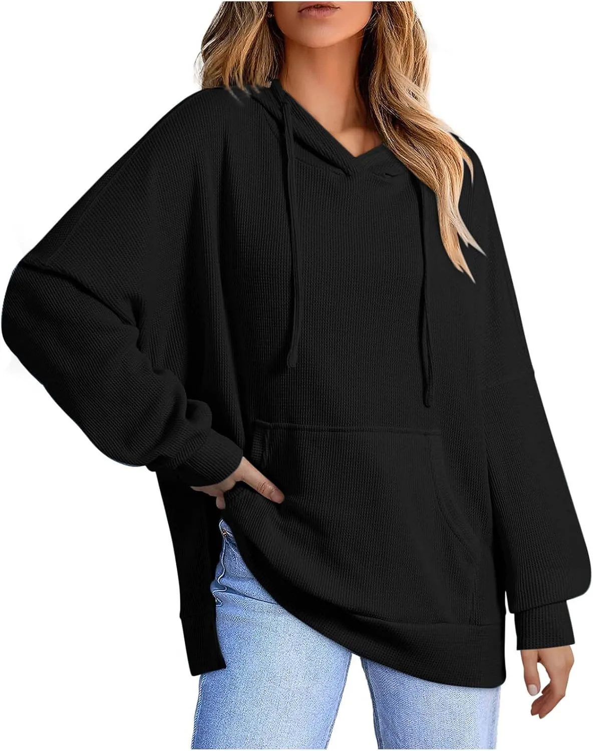Women's 2024 Waffle Knit Hoodies Stylish Oversized Sweatshirts with Drawstring Hooded Lightweight Athletic Hoody Tops