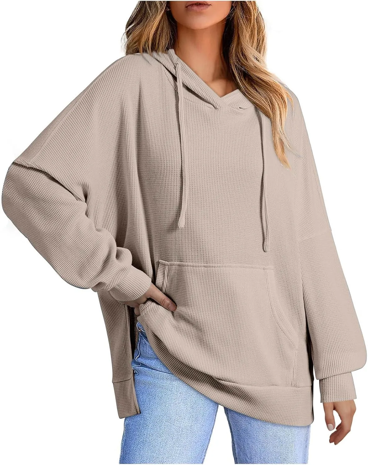 Women's 2024 Waffle Knit Hoodies Stylish Oversized Sweatshirts with Drawstring Hooded Lightweight Athletic Hoody Tops