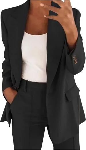 Women's Blazer Jackets Casual Long Sleeve Work Office Business Cardigan Jackets Notched Lapel One Button Suit Jackets