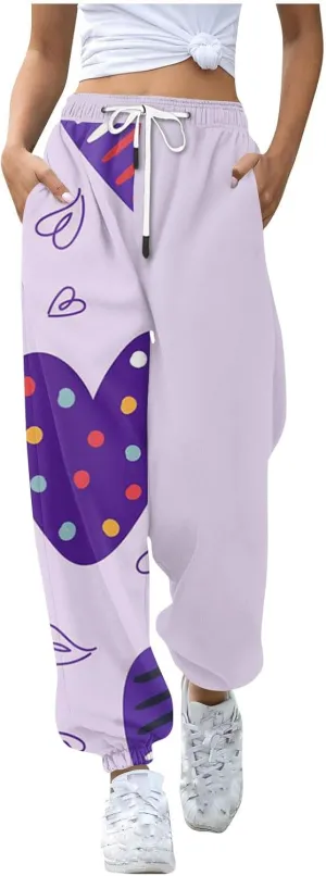 WomenS Casual Baggy Fleece Sweatpants High Waisted Joggers Jogger Heart Print Active High Waisted Sweat Pants