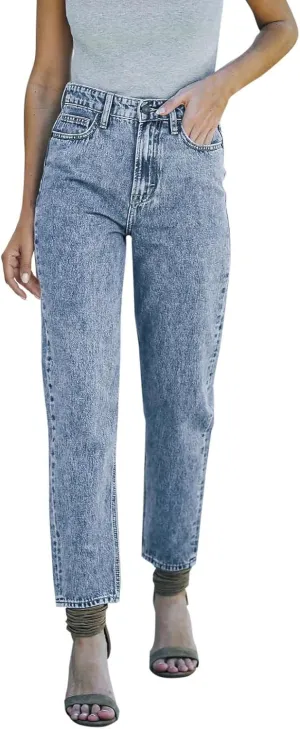 Women's Casual Elastic Waist Washed Straight Leg Lacquered Skinny Feet Street Style Denim Trousers Straight-Leg Mid-Rise