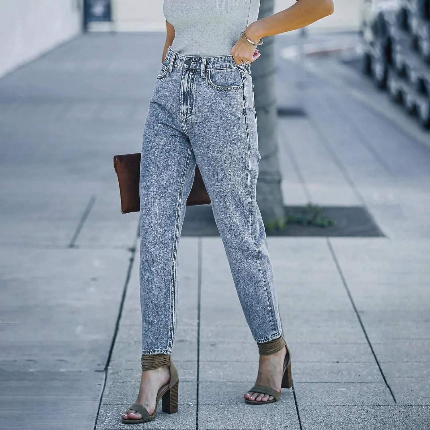 Women's Casual Elastic Waist Washed Straight Leg Lacquered Skinny Feet Street Style Denim Trousers Straight-Leg Mid-Rise