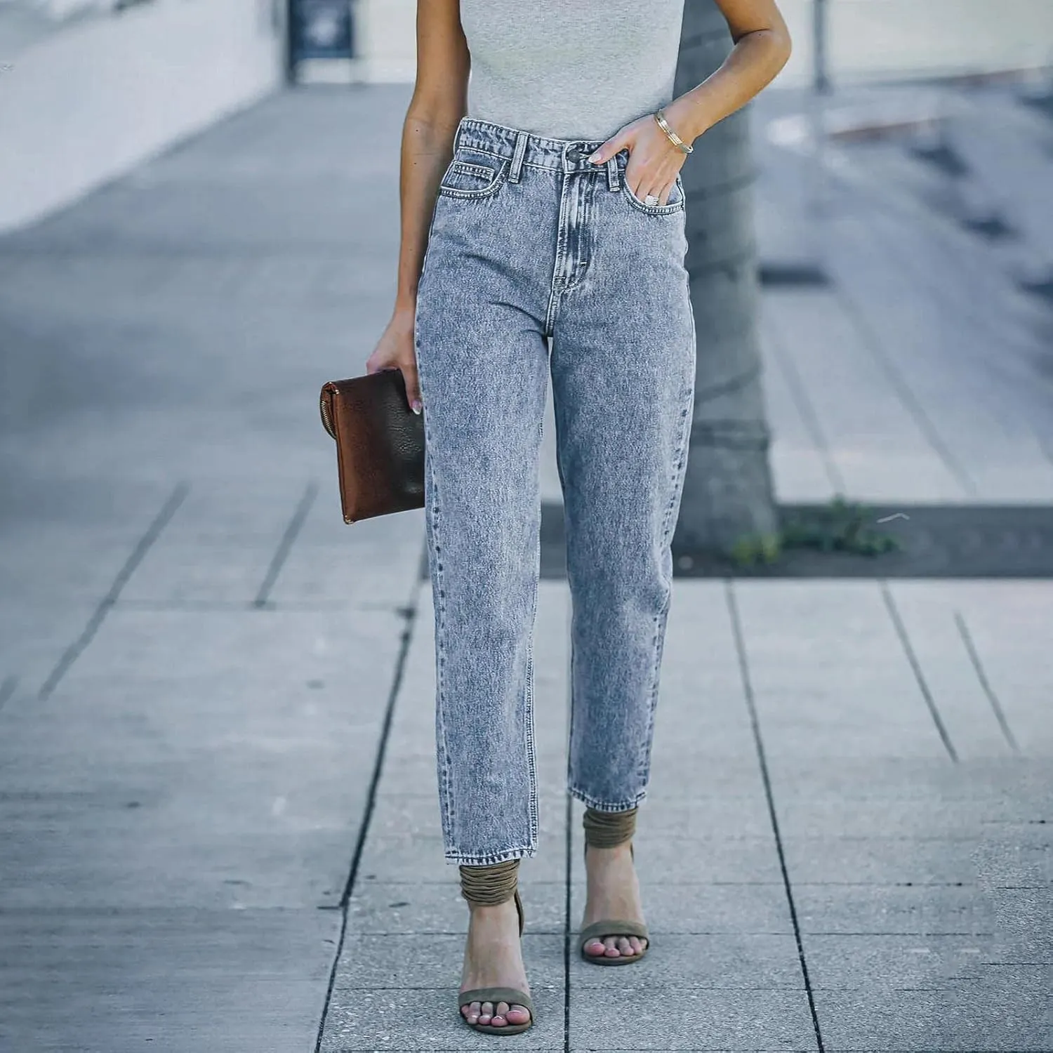 Women's Casual Elastic Waist Washed Straight Leg Lacquered Skinny Feet Street Style Denim Trousers Straight-Leg Mid-Rise