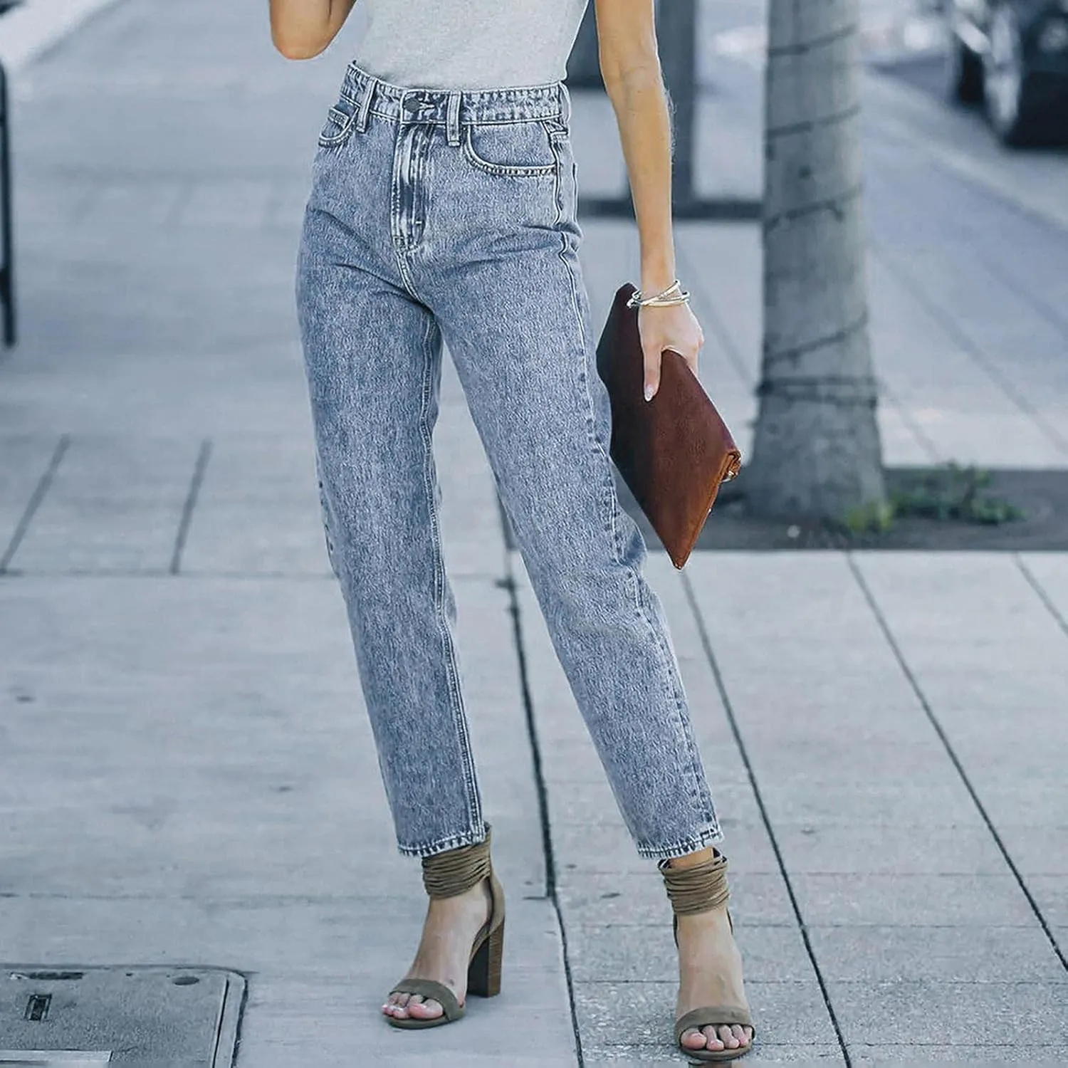 Women's Casual Elastic Waist Washed Straight Leg Lacquered Skinny Feet Street Style Denim Trousers Straight-Leg Mid-Rise