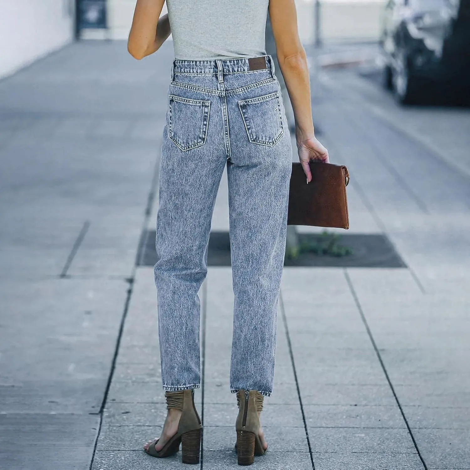 Women's Casual Elastic Waist Washed Straight Leg Lacquered Skinny Feet Street Style Denim Trousers Straight-Leg Mid-Rise