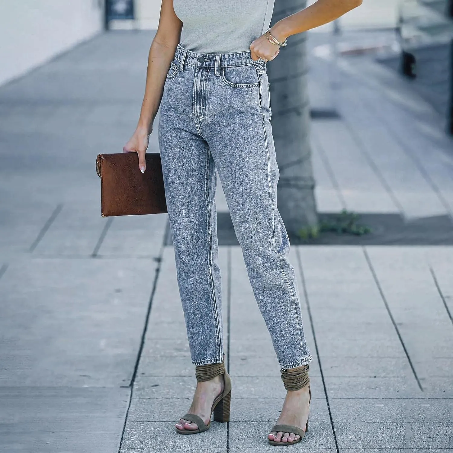 Women's Casual Elastic Waist Washed Straight Leg Lacquered Skinny Feet Street Style Denim Trousers Straight-Leg Mid-Rise