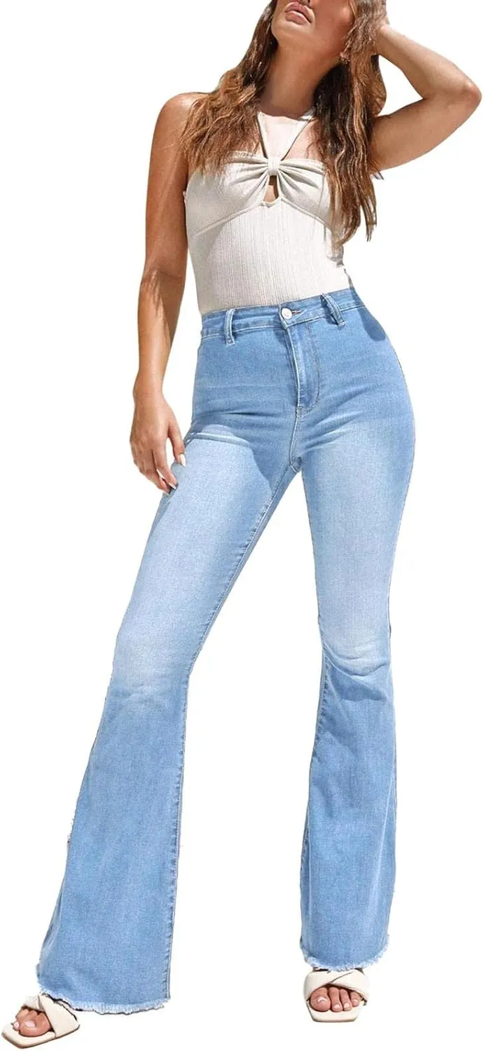 Women's Casual High-Rise Elastic Denim Flared Jeans Slim Fit Street Style Pants Strecthy Distressed Paddy Loose Hole Stretch