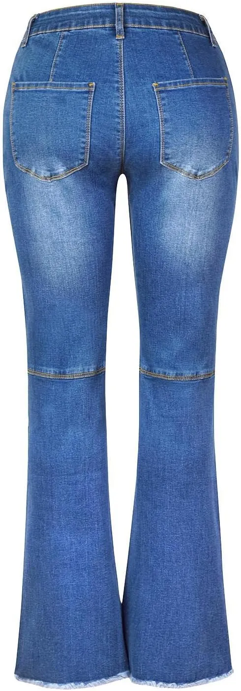 Women's Casual High-Rise Elastic Denim Flared Jeans Slim Fit Street Style Pants Strecthy Distressed Paddy Loose Hole Stretch