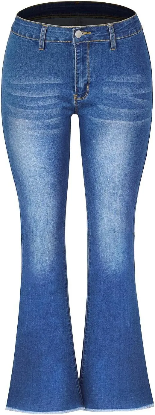 Women's Casual High-Rise Elastic Denim Flared Jeans Slim Fit Street Style Pants Strecthy Distressed Paddy Loose Hole Stretch