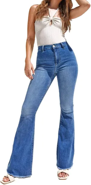 Women's Casual High-Rise Elastic Denim Flared Jeans Slim Fit Street Style Pants Strecthy Distressed Paddy Loose Hole Stretch