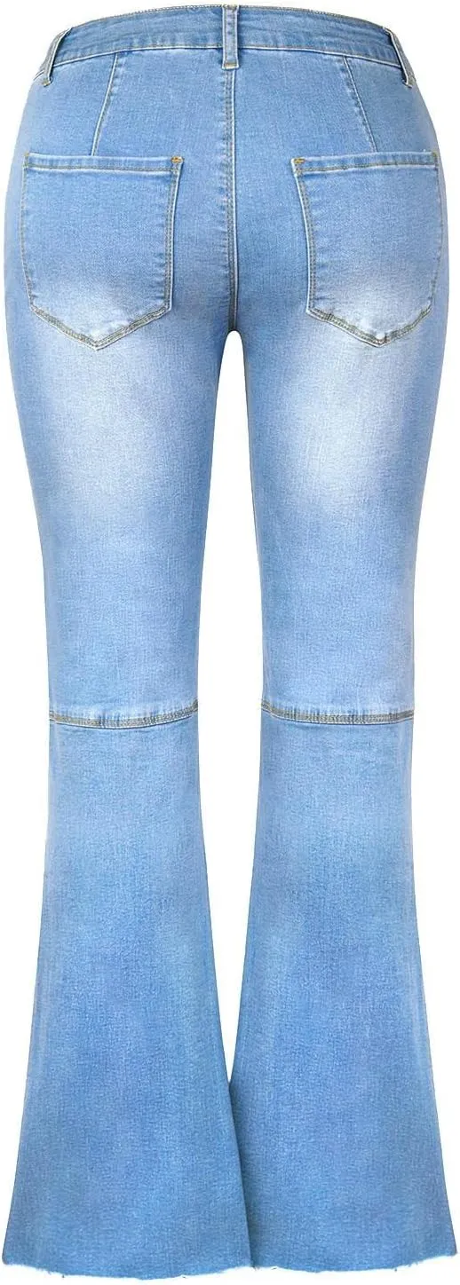 Women's Casual High-Rise Elastic Denim Flared Jeans Slim Fit Street Style Pants Strecthy Distressed Paddy Loose Hole Stretch