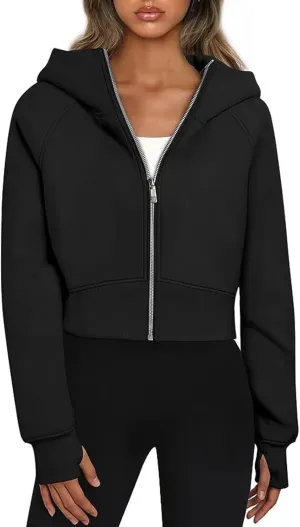 Womens Fashion Hoodies Oversized Sweatshirts Cropped Zip Jacket Hooded Casual Crop Tops Fleece Teen Girls Y2k Clothes