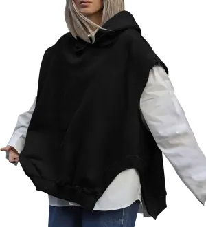 Women'S Fashion Solid Hoodies Sweatshirts Sleeveless Drawstring Oversized Tops Cropped Hoodies for Women